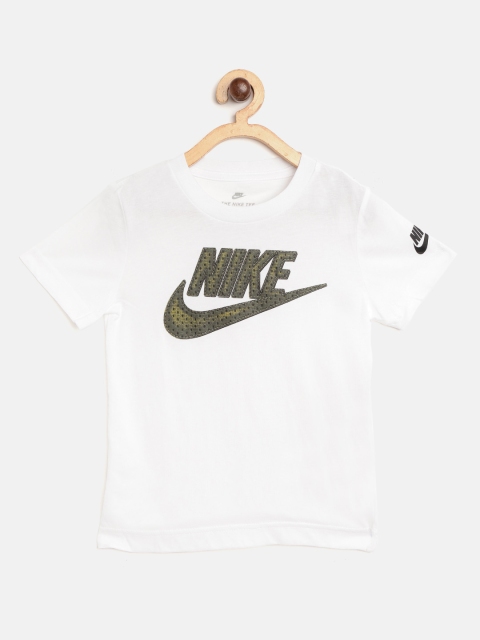 

Nike Boys White & Olive Brand Logo Print Round Neck Faux Jersey Mesh Futura T-shirt