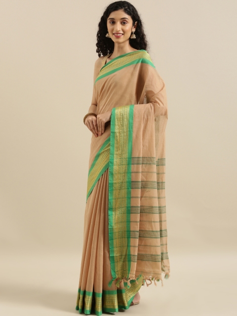 

The Chennai Silks Classicate Beige & Green Pure Cotton Solid Saree