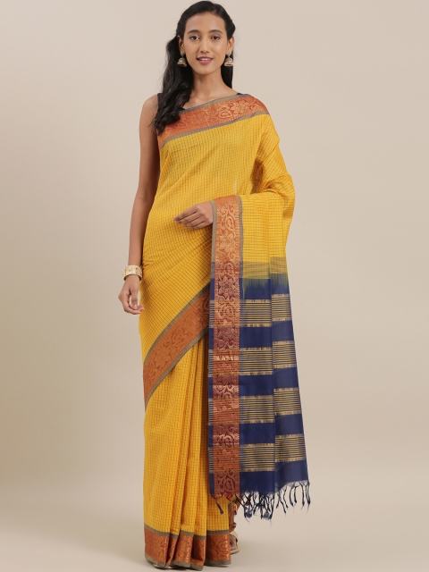 

The Chennai Silks Yellow & Navy Blue Cotton Blend Checked Gadwal Saree