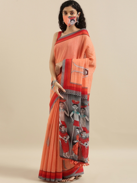 

The Chennai Silks Coral Orange Grey Polyester Printed Bhagalpuri Saree
