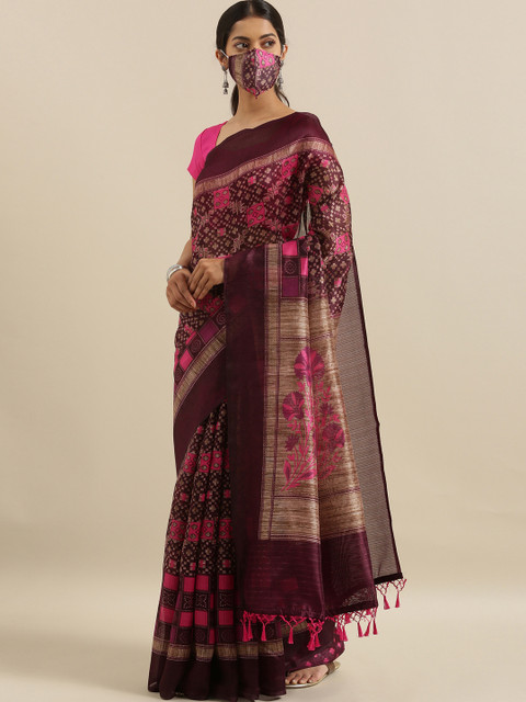 

The Chennai Silks Purple & Beige Polyester Printed Bhagalpuri Saree with Matching Mask