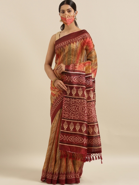 

The Chennai Silks Brown Polyester Printed Bhagalpuri Saree With Matching Mask