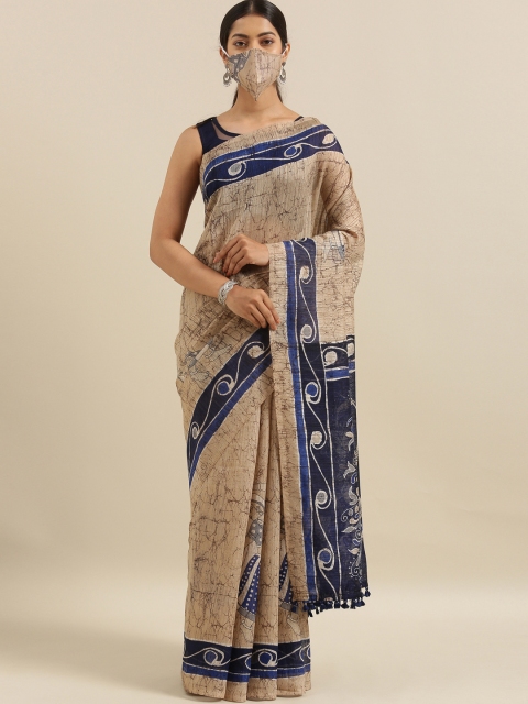 

The Chennai Silks Beige & Navy Blue Polyester Printed Bhagalpuri Saree With Matching Mask