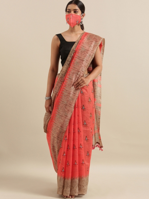 

The Chennai Silks Coral Orange & Beige Polyester Printed Bhagalpuri Saree with Mask