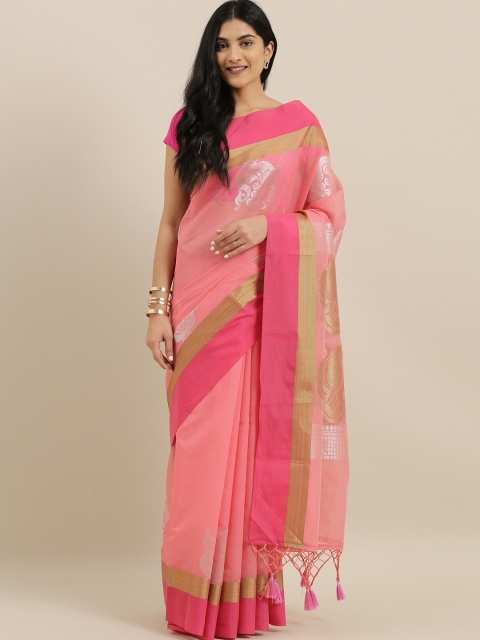 

The Chennai Silks Pink & Gold-Toned Silk Cotton Woven Design Maheshwari Saree
