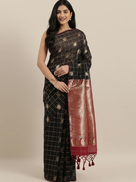 

The Chennai Silks Black & Gold-Toned Silk Cotton Checked Maheshwari Saree