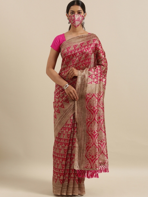 

The Chennai Silks Pink & Beige Polyester Printed Bhagalpuri Saree With Matching Mask