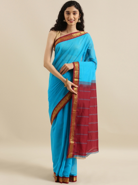 

The Chennai Silks Blue & Maroon Cotton Blend Striped Gadwal Saree