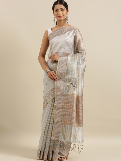 

The Chennai Silks Classicate Silver-Toned & Beige Tissue Embroidered Saree
