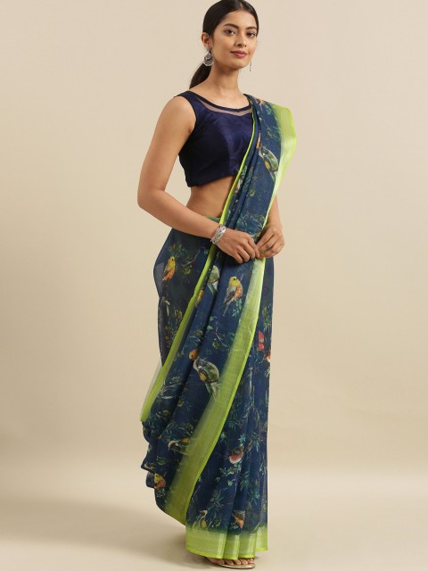 

The Chennai Silks Navy Blue Printed Linen Blend Saree