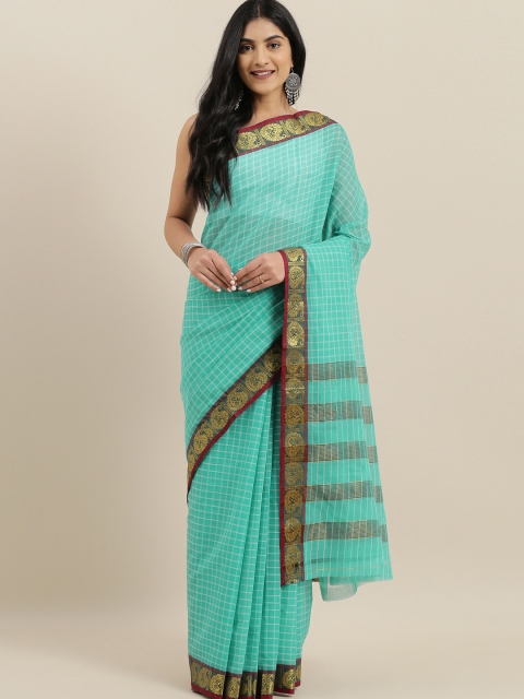 

The Chennai Silks Sea Green & White Pure Cotton Checked Saree