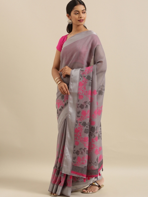 

The Chennai Silks Grey & Pink Linen Blend Printed Saree