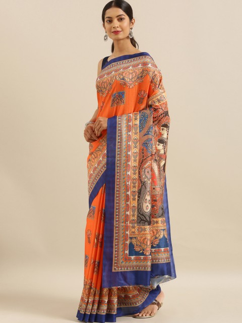 

The Chennai Silks Orange Printed Poly Silk Saree