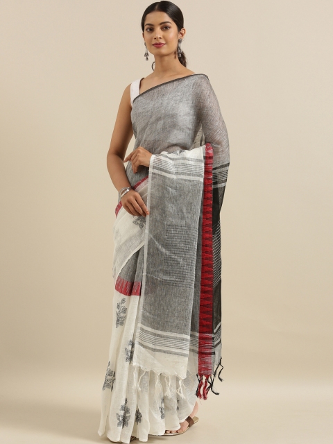 

The Chennai Silks Grey & White Linen Blend Embroidered Saree