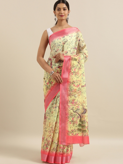 

The Chennai Silks Yellow & Pink Linen Blend Printed Saree