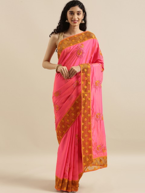 

The Chennai Silks Pink & Yellow Viscose Rayon Embroidered Saree