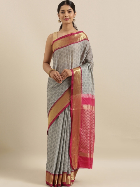 

The Chennai Silks Grey & Pink Cotton Blend Woven Design Saree