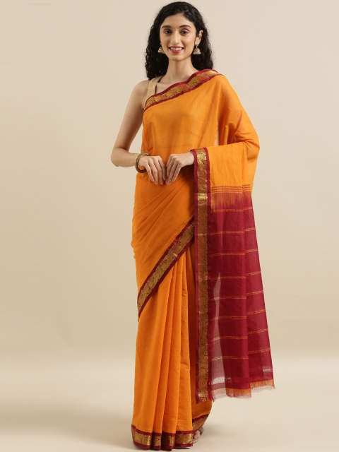 

The Chennai Silks Orange & Maroon Cotton Blend Striped Gadwal Saree