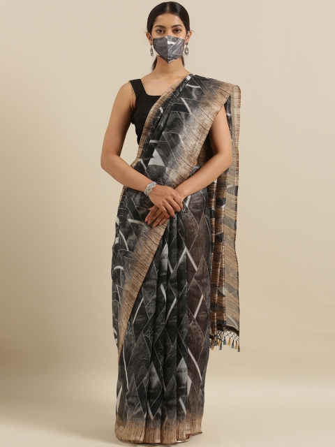 

The Chennai Silks Black Polyester Printed Bhagalpuri Saree With Matching Mask