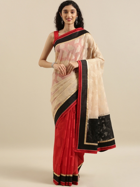 

The Chennai Silks Cream-Coloured & Red Cotton Blend Woven Design Kota Saree