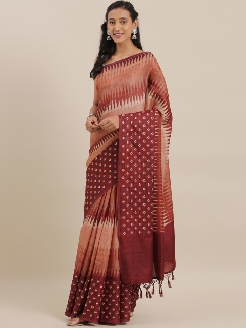 

The Chennai Silks Classicate Peach-Coloured & Maroon Viscose Rayon Embroidered Saree