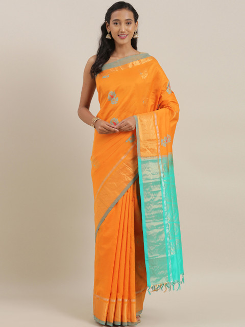 

The Chennai Silks Orange & Teal Cotton Blend Woven Design Gadwal Saree