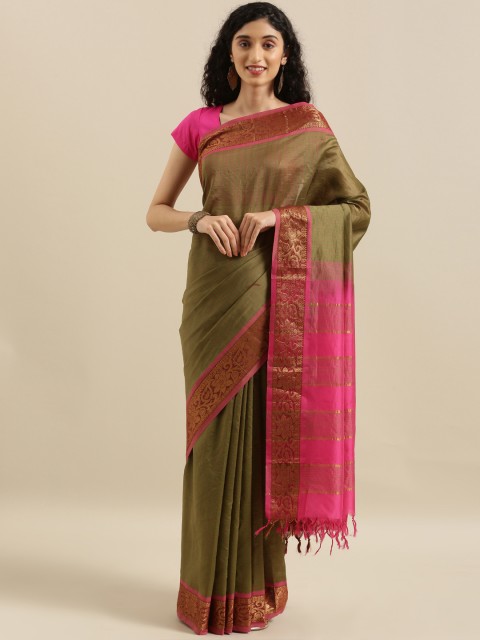 

The Chennai Silks Green & Pink Cotton Blend Woven Design Gadwal Saree