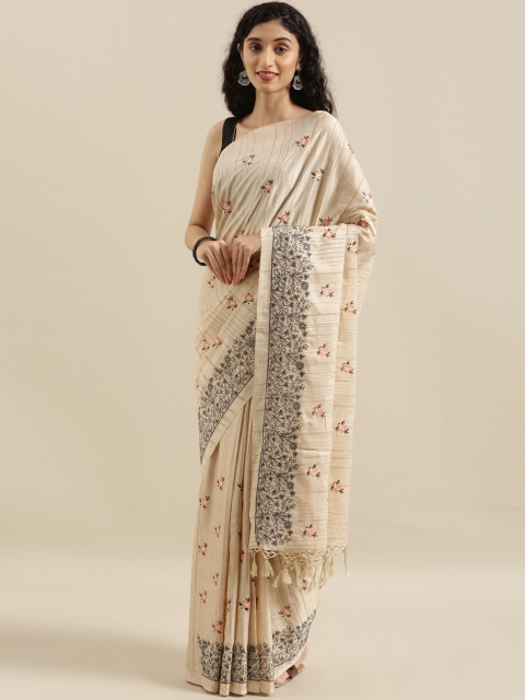 

The Chennai Silks Off-White & Brown Cotton Blend Striped Saree With Embroidery