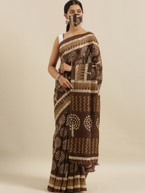

The Chennai Silks Brown Polyester Printed Bhagalpuri Saree With Matching Mask
