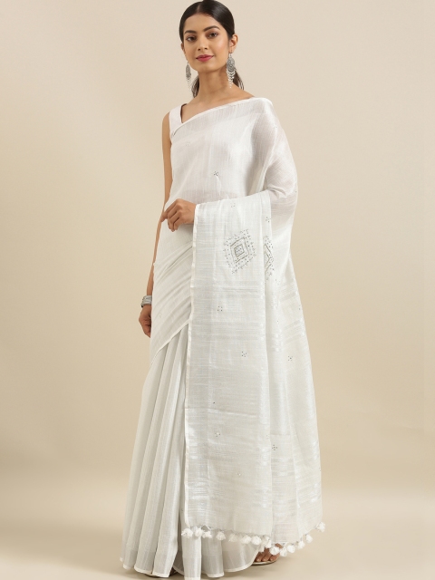 

The Chennai Silks White Embroidered Linen Blend Saree