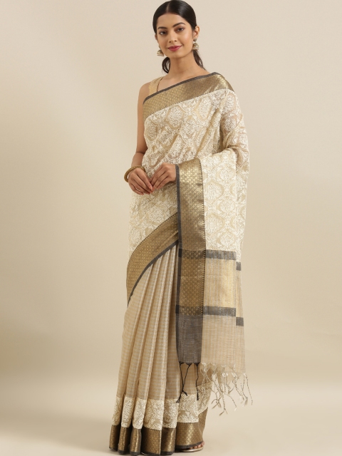 

The Chennai Silks Beige & Gold-Toned Supernet Embroidered Kota Saree