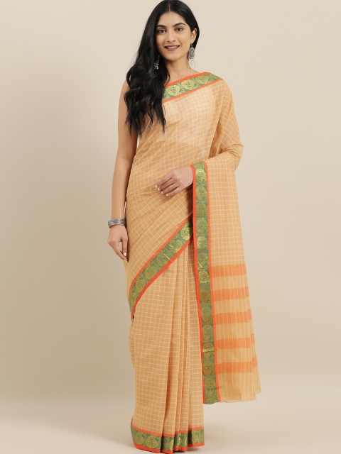 

The Chennai Silks Peach-Coloured & White Pure Cotton Checked Saree