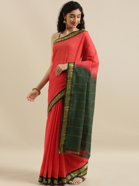 

The Chennai Silks Classicate Coral Pink & Green Cotton Blend Solid Gadwal Saree