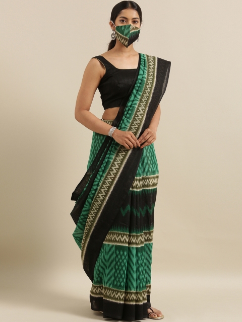 

The Chennai Silks Green & Black Polyester Printed Bhagalpuri Saree with Matching Mask