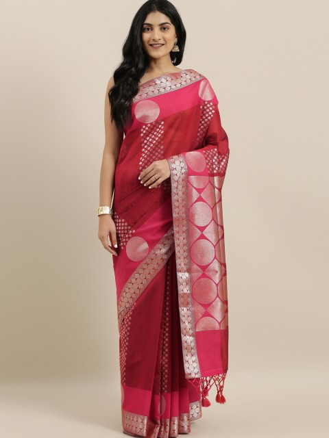 

The Chennai Silks Maroon & Silver-Toned Silk Cotton Woven Design Maheshwari Saree