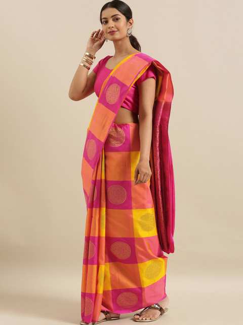 

The Chennai Silks Classicate Yellow & Pink Pure Silk Colourblocked Kanjeevaram Saree