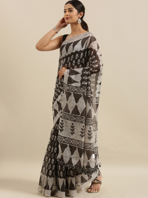

The Chennai Silks Black & Grey Polyester Printed Bhagalpuri Saree With Matching Mask