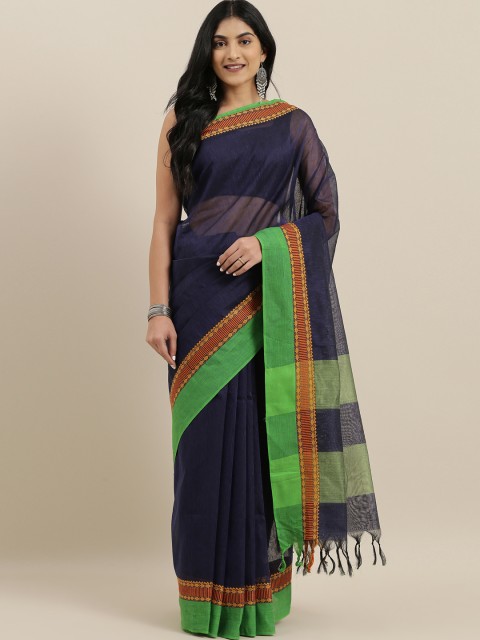 

The Chennai Silks Navy Blue & Green Pure Cotton Solid Saree