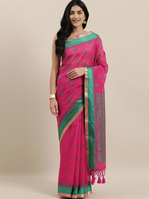 

The Chennai Silks Pink & Green Silk Cotton Woven Design Maheshwari Saree