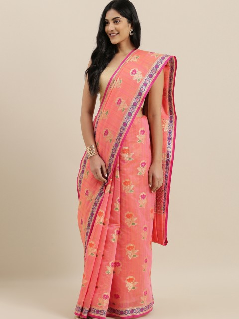 

The Chennai Silks Coral Pink & Gold-Toned Silk Cotton Woven Design Maheshwari Saree