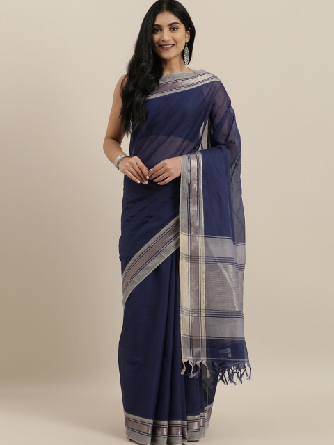 

The Chennai Silks Navy Blue & Beige Pure Cotton Solid Saree