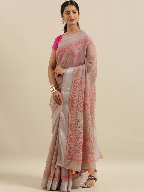 

The Chennai Silks Beige & Pink Linen Blend Printed Saree
