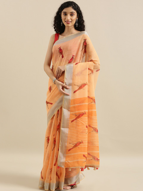 

The Chennai Silks Orange & Red Linen Blend Printed Saree