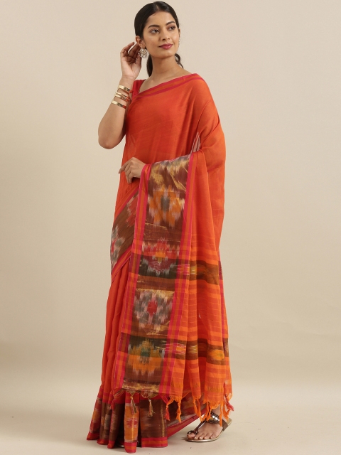 

The Chennai Silks Orange Solid Cotton Blend Saree