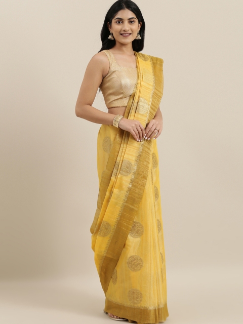 

The Chennai Silks Mustard Yellow & Gold-Toned Silk Cotton Woven Design Maheshwari Saree