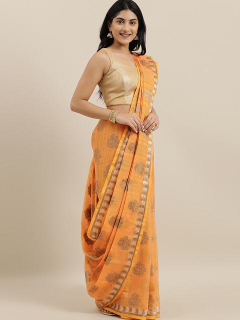 

The Chennai Silks Orange & Gold-Toned Silk Cotton Woven Design Maheshwari Saree