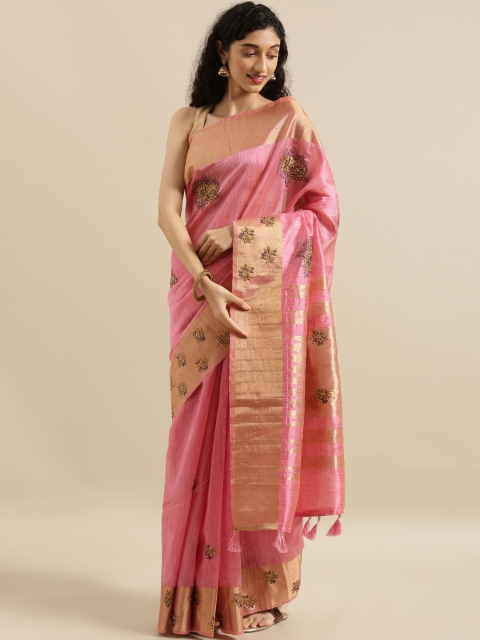 

The Chennai Silks Pink & Gold-Toned Viscose Rayon Embroidered Saree