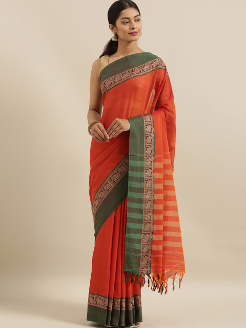 

The Chennai Silks Orange & Olive Green Cotton Blend Solid Saree