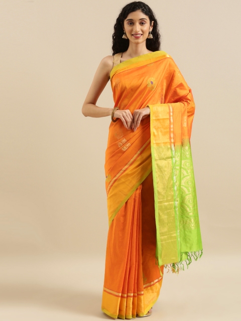 

The Chennai Silks Orange & Lime Green Cotton Blend Woven Design Gadwal Saree