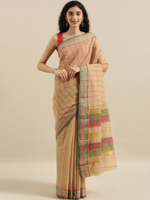 

The Chennai Silks Classicate Beige & Green Pure Cotton Striped Saree